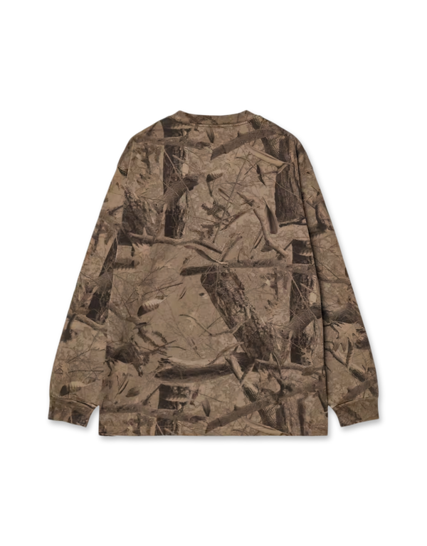 A long-sleeve crewneck sweatshirt featuring an all-over brown and beige woodland camouflage pattern, shown flat against a solid white background.