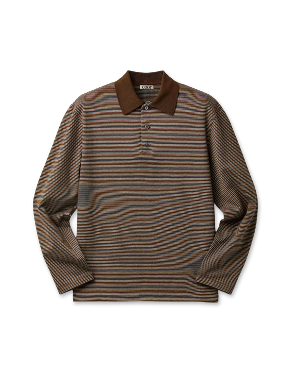 COOR Multi Pin Pique Polo Long Sleeve Brown long sleeved polo shirts