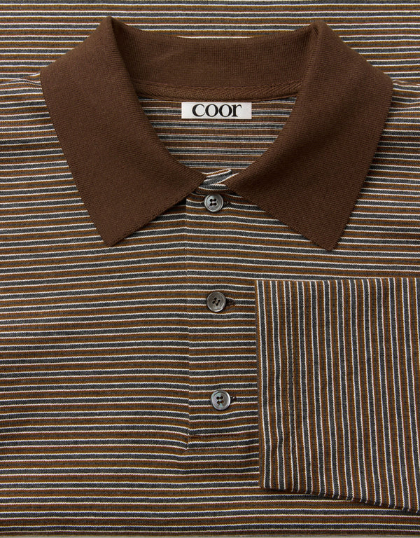 COOR Multi Pin Pique Polo Long Sleeve Brown long sleeved polo shirts