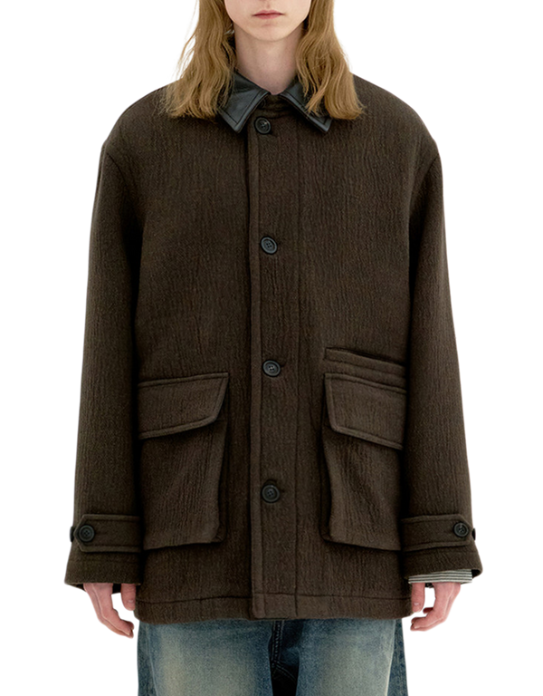 COOR Trimming Leather Patchwork Coat Dark Green coats