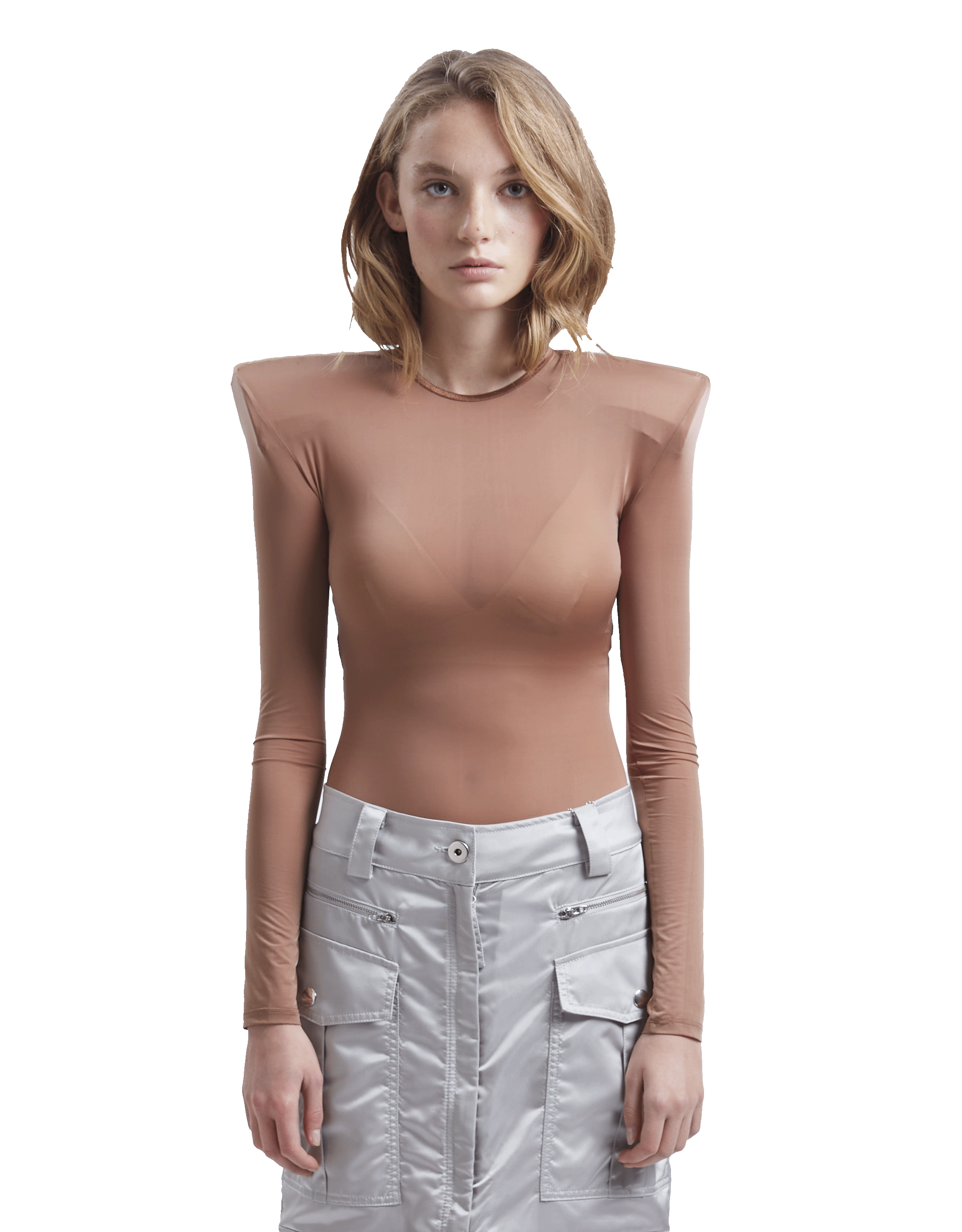 Beige Shoulder Pad Leotard Woven