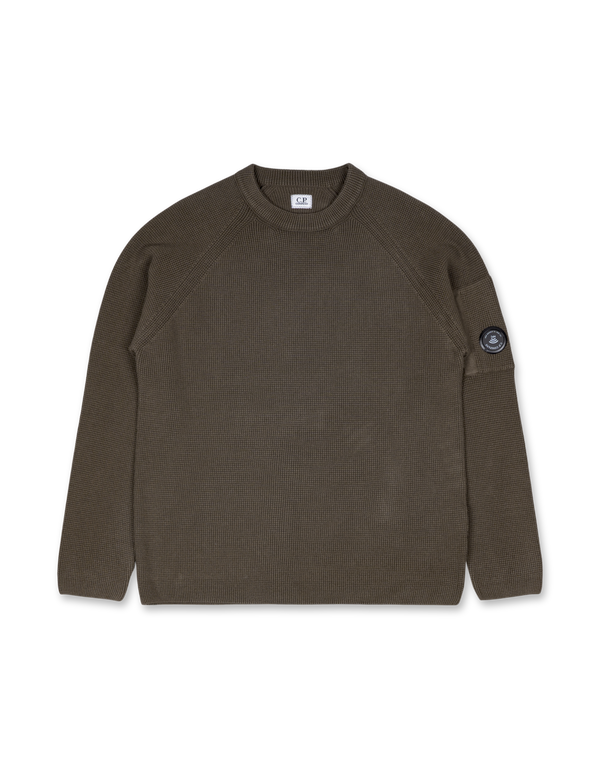 Waffle Knit Cotton Crewneck Lens Sweater