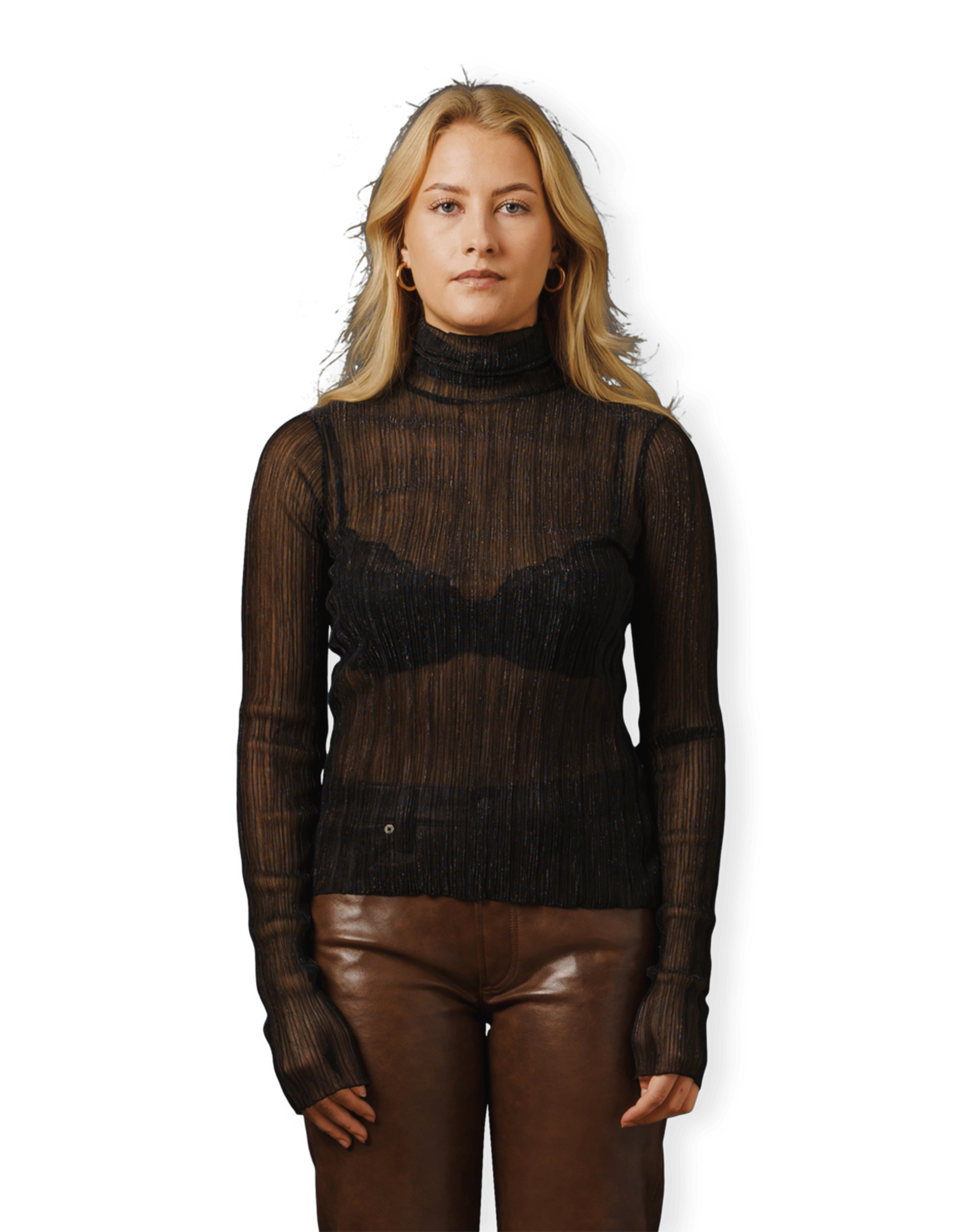 Wavy Trimming Sparkle Pleats Roll Neck Top