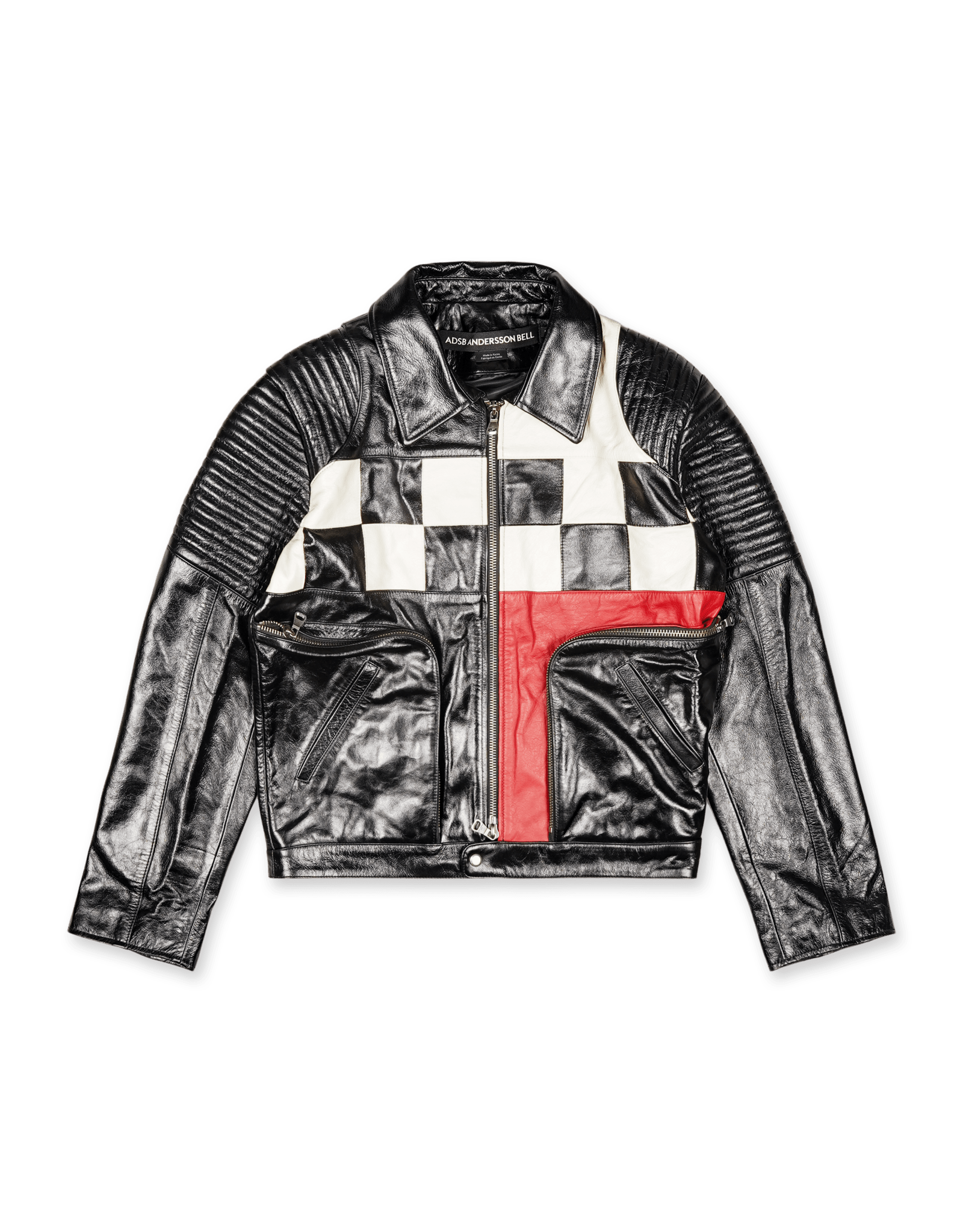 Checkerboard Patchwork Leather Biker Jacket