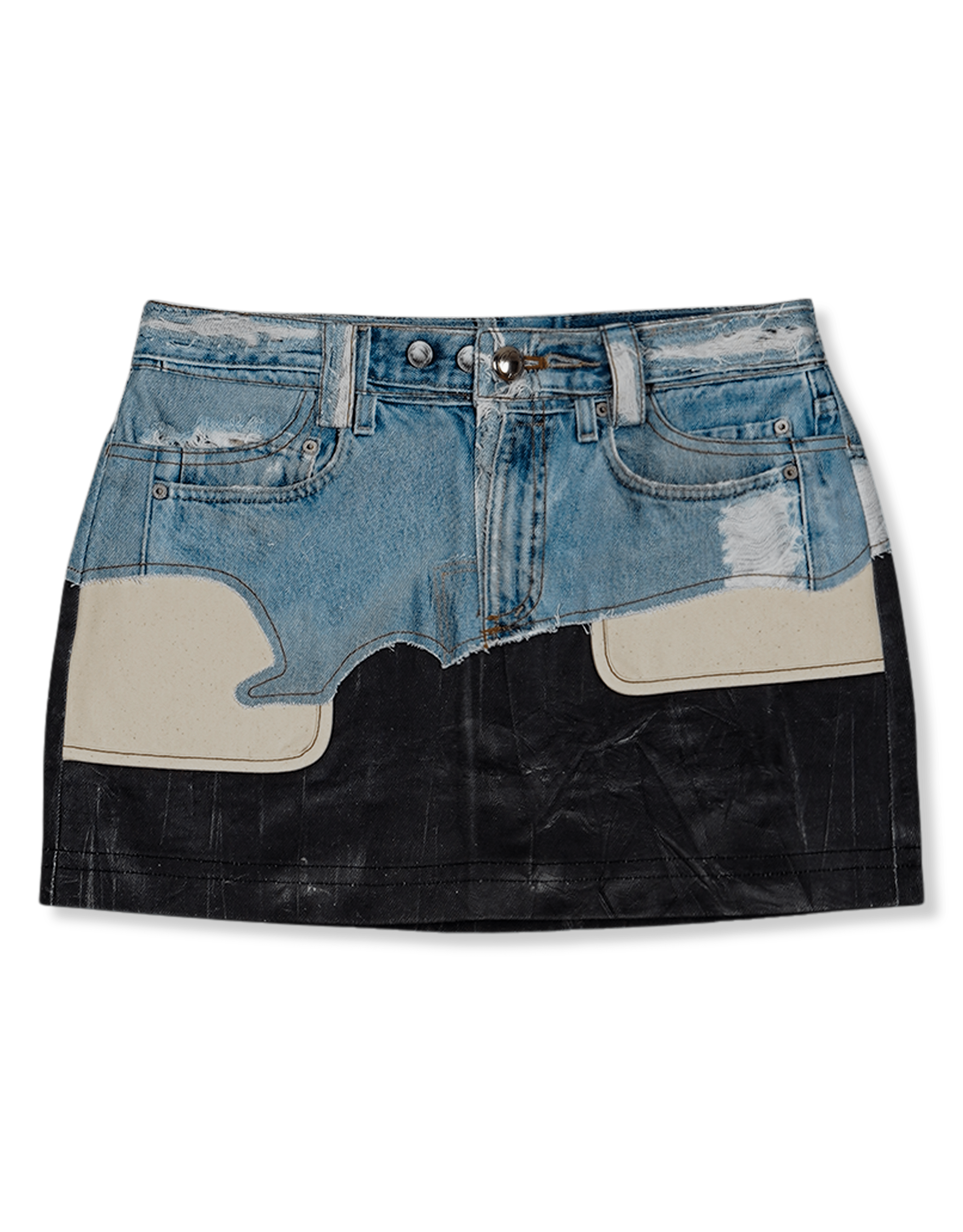 Faux-Denim & Leather Printed Mini Skirt