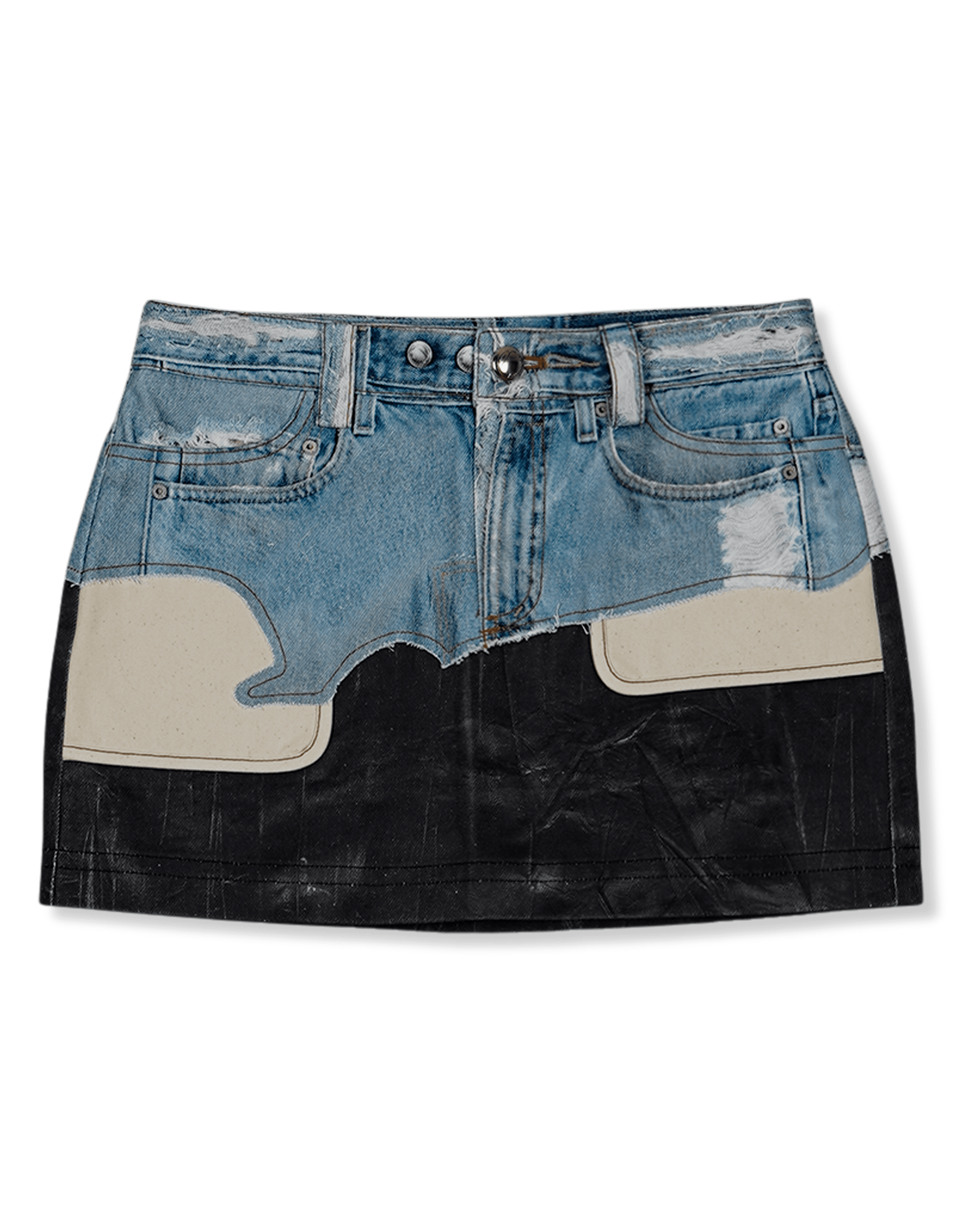 Faux-Denim & Leather Printed Mini Skirt