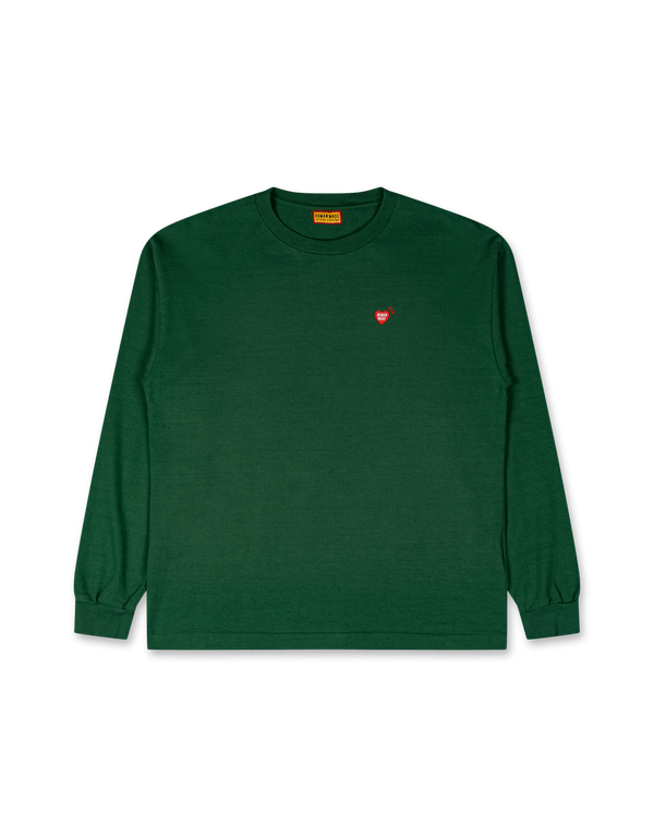 Green long-sleeve shirt with a small red logo on a white background