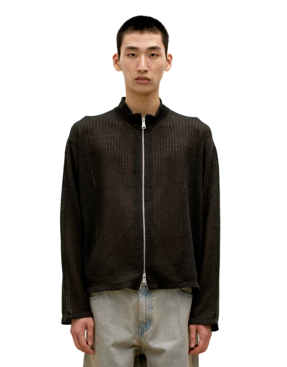 COOR Linen collar knit zip-up ジャケット　メッシュ COOR Linen Blend Stand Collar Knit Zip-Up Black Mens – Rezet Store